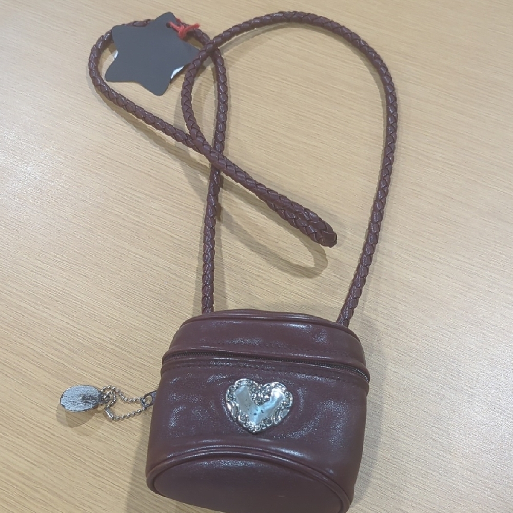 ONE WORLD Brown Mini Leather Bag with Heart Accent